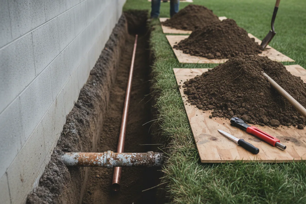 Excavated water line trench during Sewer Line Repair in Lansford